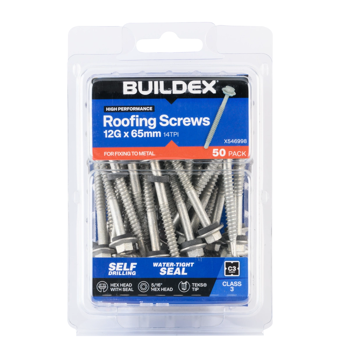 Buildex® 12G x 65mm Class 3 Roofing TEKS® Screws with Seal – 50 Pack