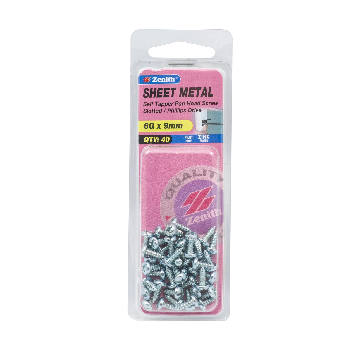 ZENITH® 6G x 9mm Zinc Plated Sheet Metal Screws – 40 Pack