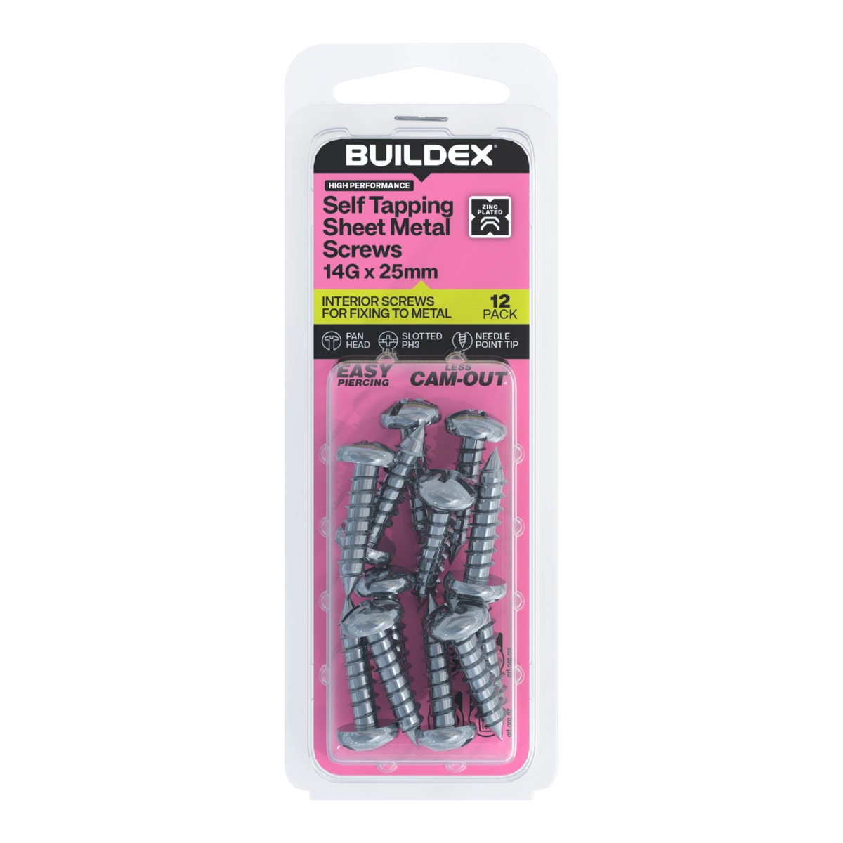 Buildex® 14G x 25mm Zinc Plated Self Tapping Sheet Metal Screws – 12 Pack