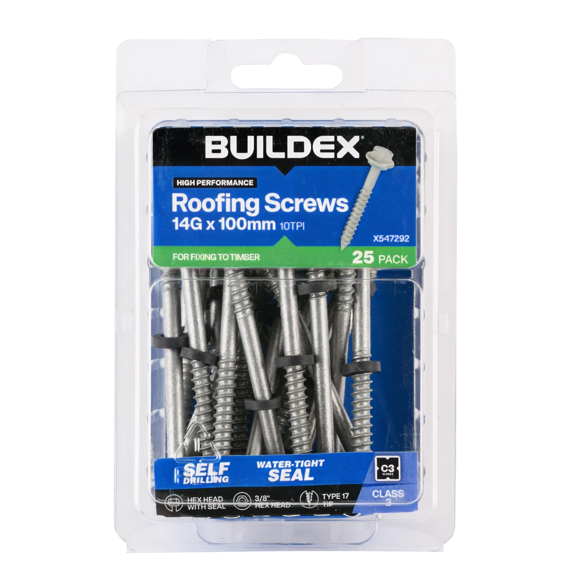 Buildex® 14G x 100mm Class 3 Roofing Screws with Seal – 25 Pack