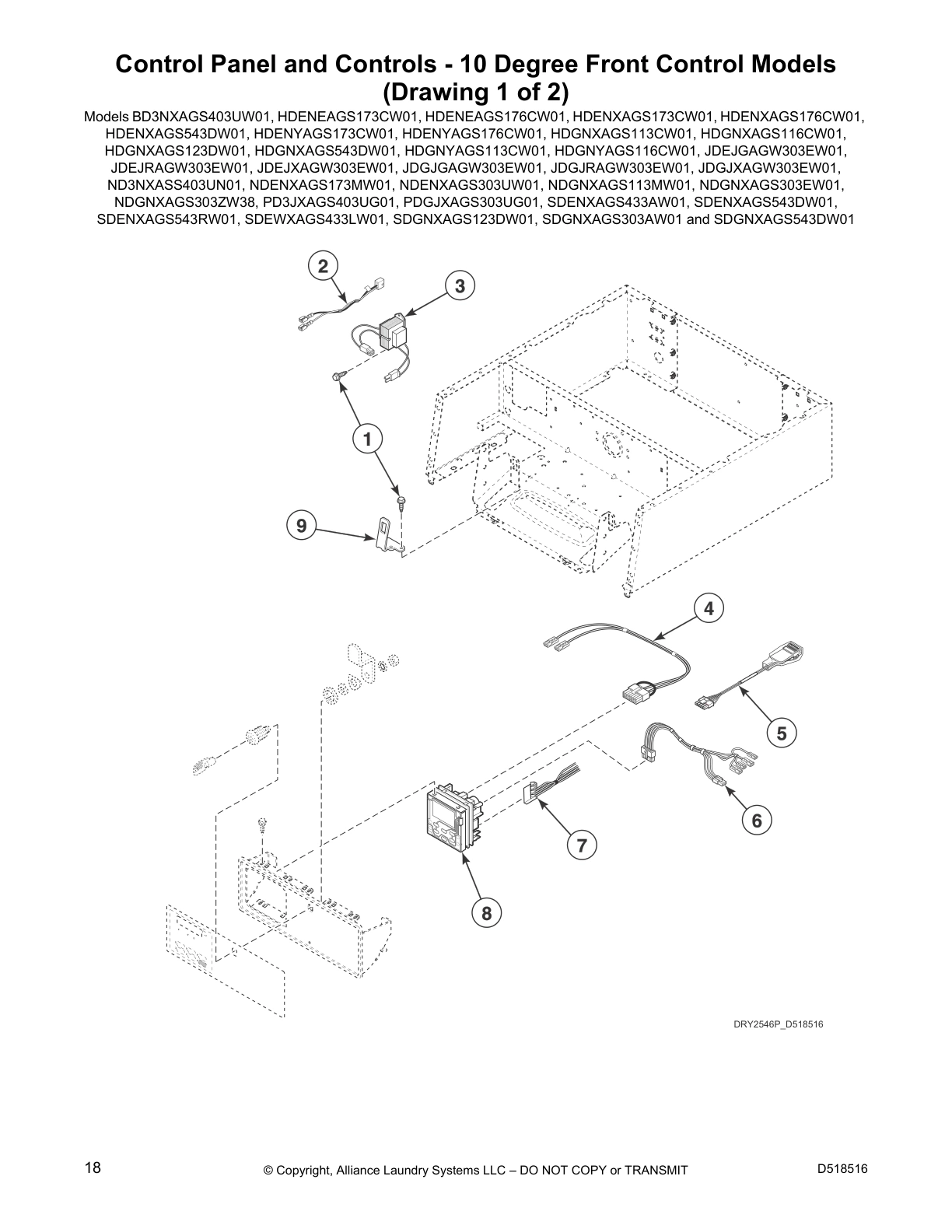 Control Panel and Controls - 10 Degree Front Control Models
(Drawing 1 of 2)