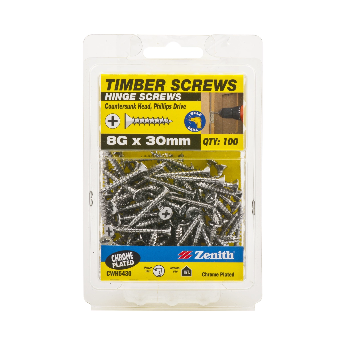 ZENITH® 8G x 30mm Chrome Plated Hinge Screws – 100 Pack