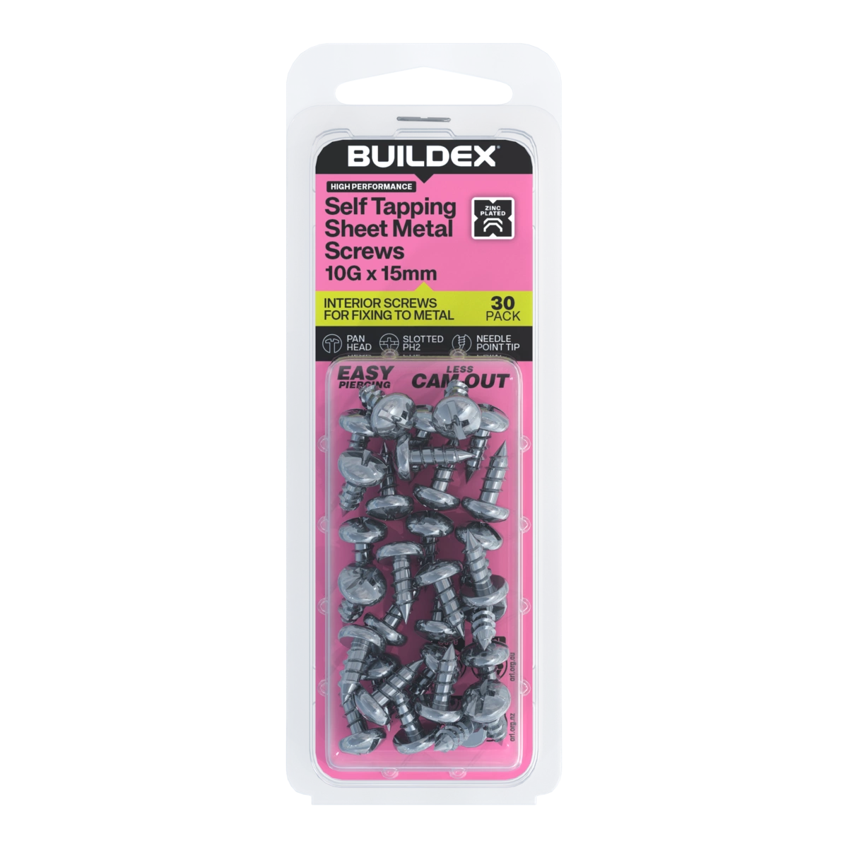 Buildex® 10G x 15mm Zinc Plated Self Tapping Sheet Metal Screws – 30 Pack