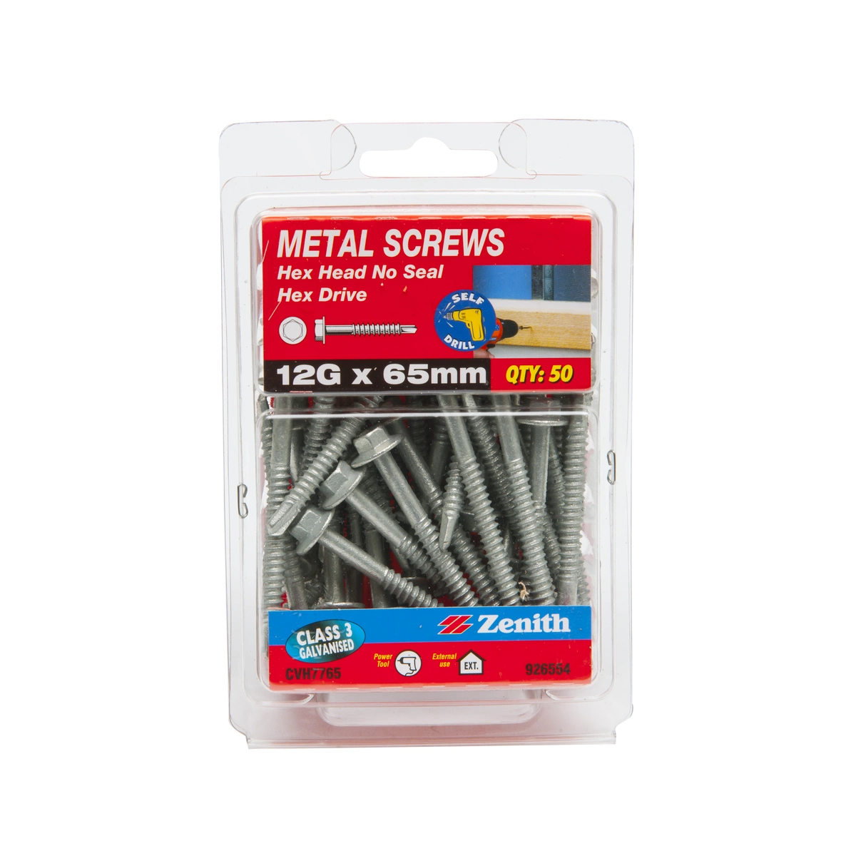 ZENITH® 12G x 65mm Class 3 Galvanised Metal Screws – 50 Pack