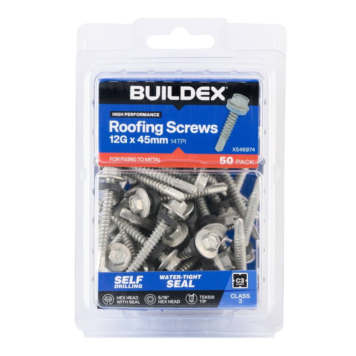 Buildex® 12G x 45mm Class 3 Roofing TEKS® Screws with Seal – 50 Pack
