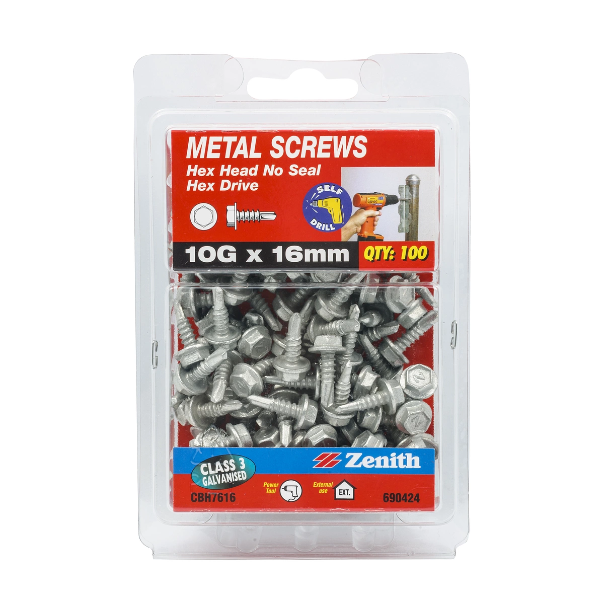 ZENITH® 10G x 16mm Class 3 Galvanised Metal Screws (External Hex Drive) – 100 Pack