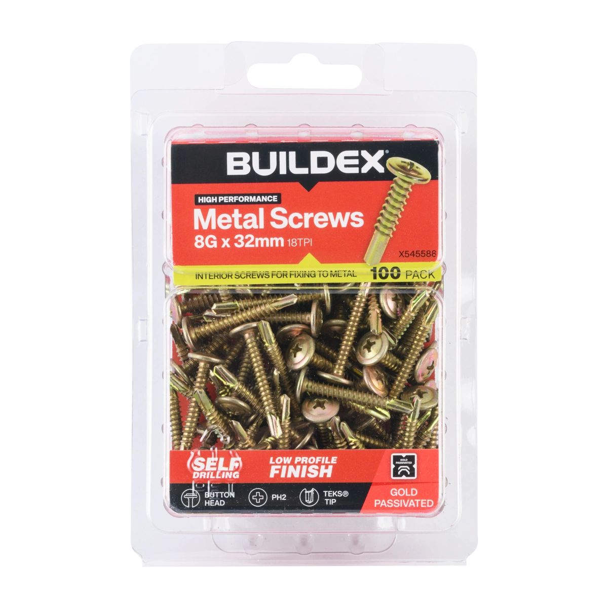 Buildex® 8G x 32mm Gold Passivated Sheet Metal Screws – 100 Pack