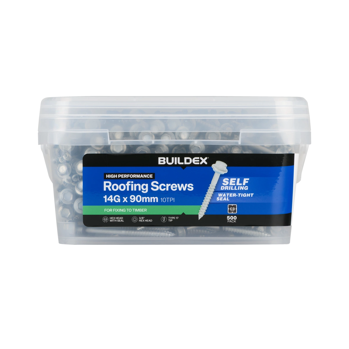 Buildex® 14G x 90mm Class 3 Roofing Screws with Seal – 500 Pack