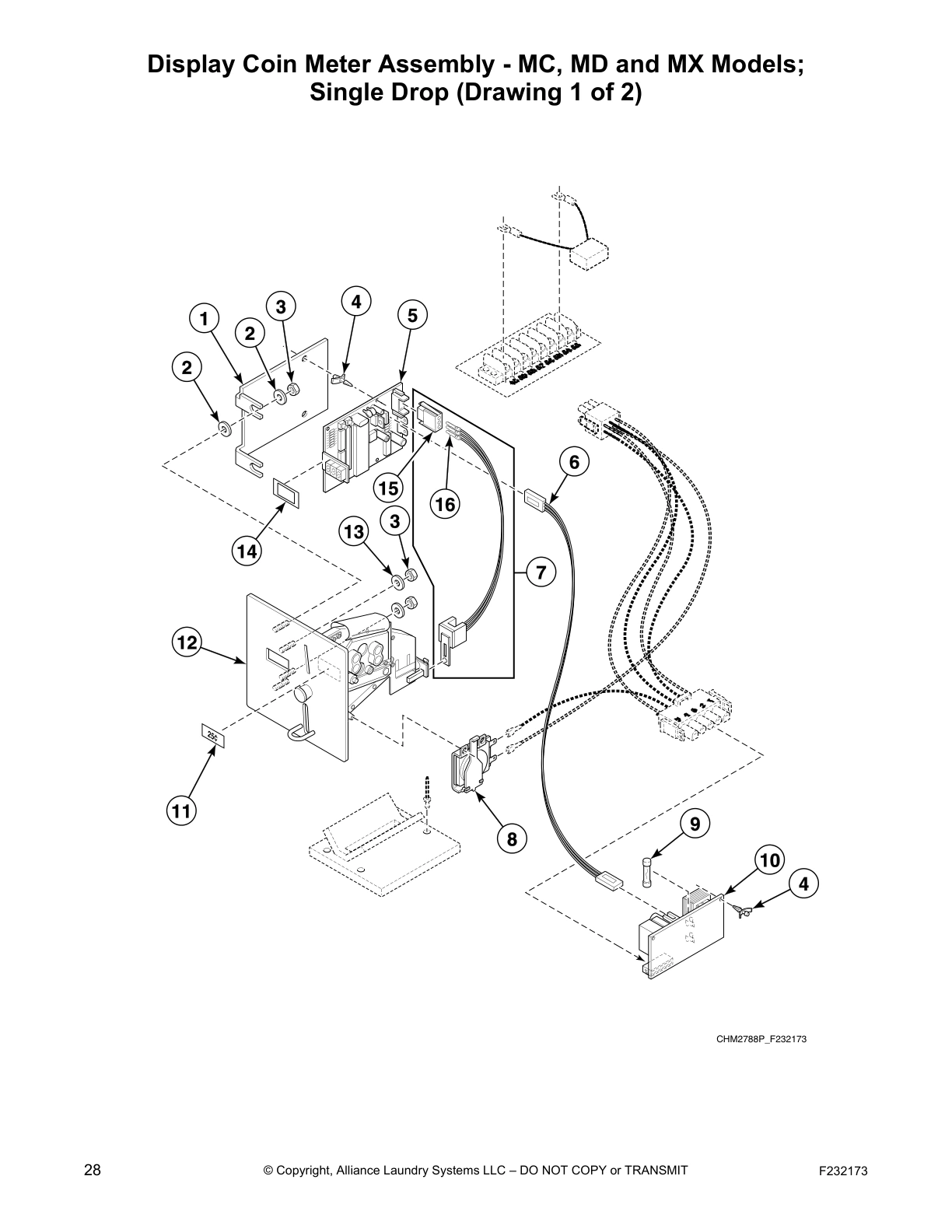 Display Coin Meter Assembly - MC, MD and MX Models;
Single Drop (Drawing 1 of 2)