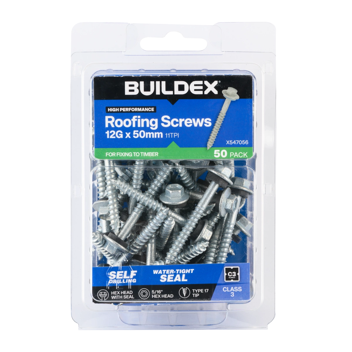 Buildex® 12G x 50mm Class 3 Roofing Screws with Seal – 50 Pack