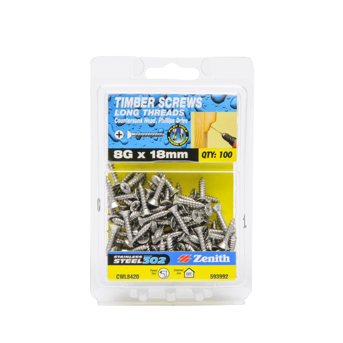 ZENITH® 8G x 18mm 304 Stainless Steel Timber Screws – 100 Pack