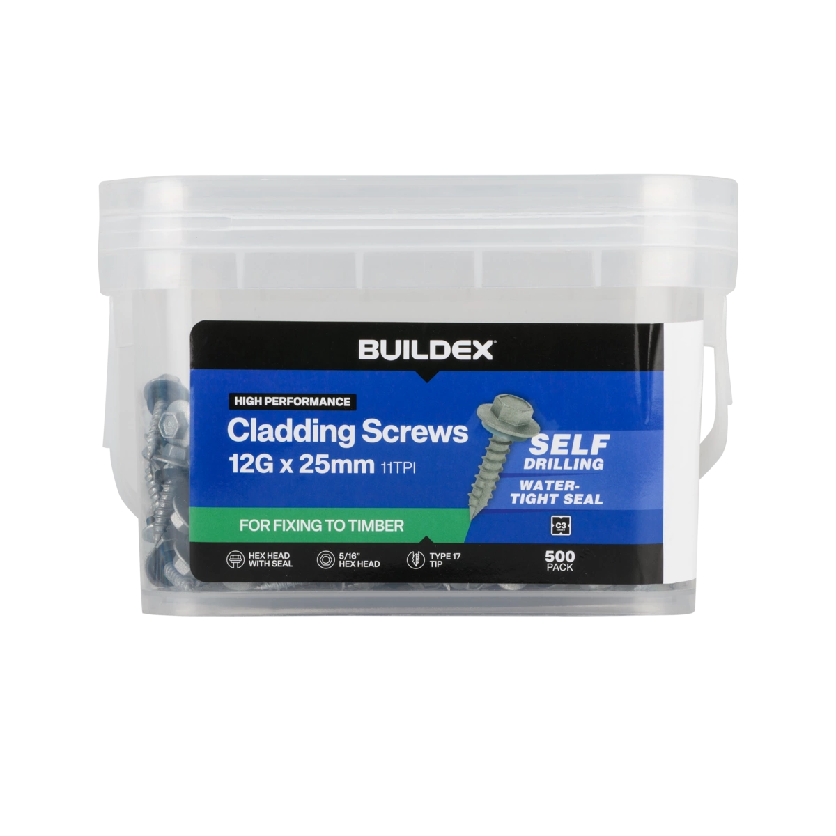 Buildex® 12G x 25mm Class 3 Cladding Screws with Seal – 500 Pack