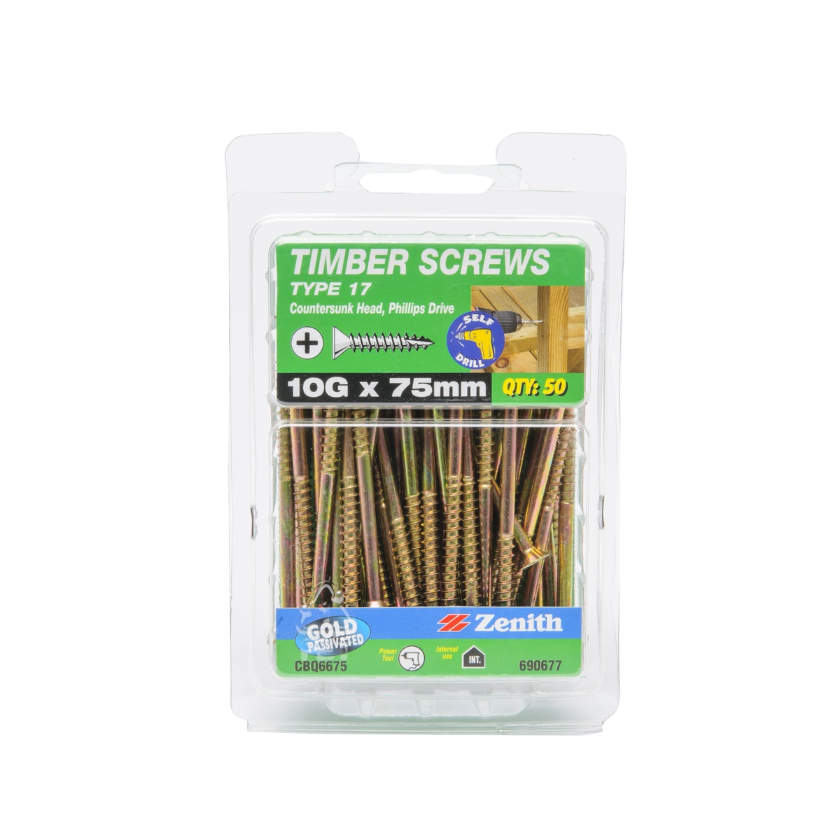 ZENITH® 10G x 75mm Gold Passivated Timber Screws – 50 Pack