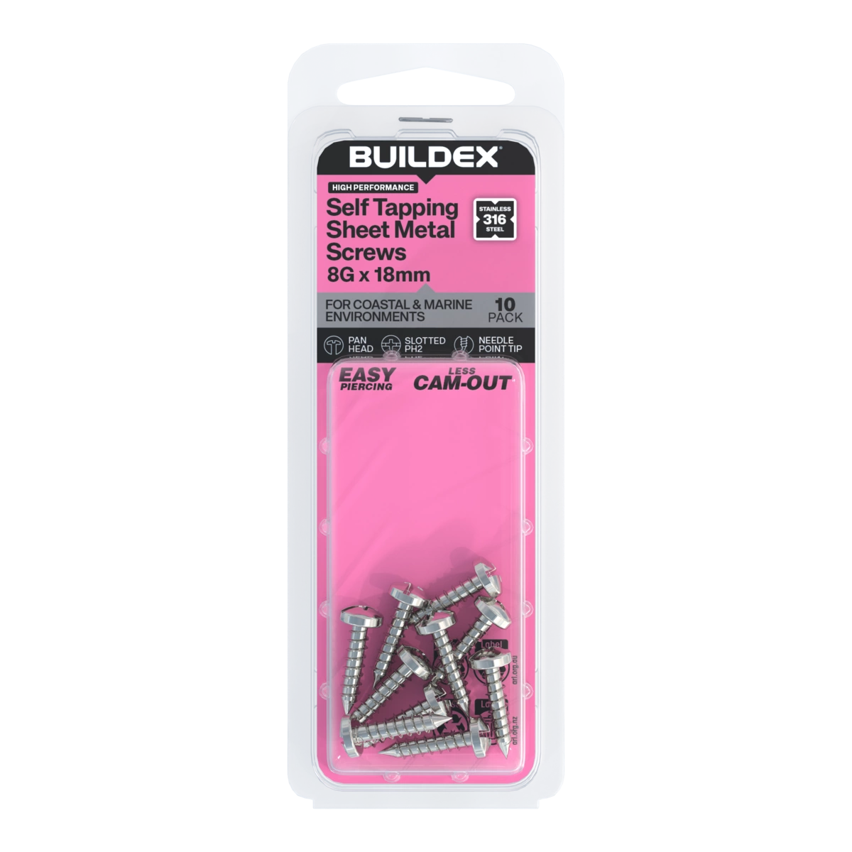 Buildex® 8G x 18mm SS316 Self Tapping Sheet Metal Screws – 10 Pack
