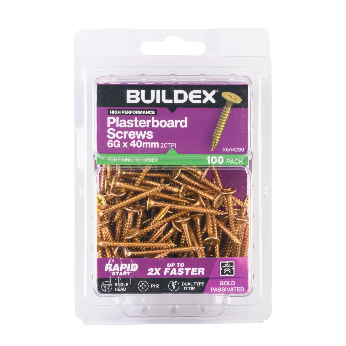 Buildex® 6G x 40mm Gold Passivated Plasterboard Screws – 100 Pack