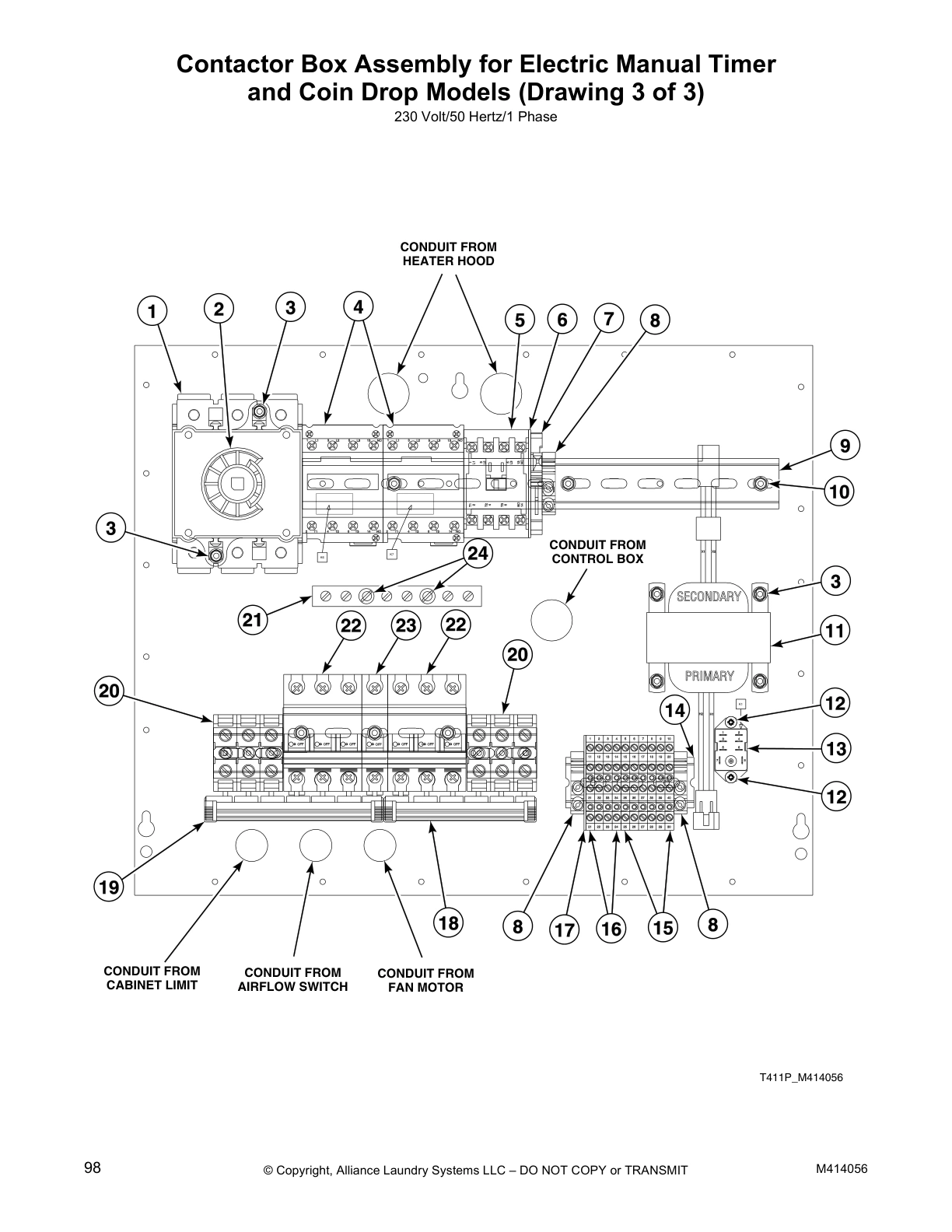 Contactor Box Assembly for Electric Manual Timer
and Coin Drop Models (Drawing 3 of 3)