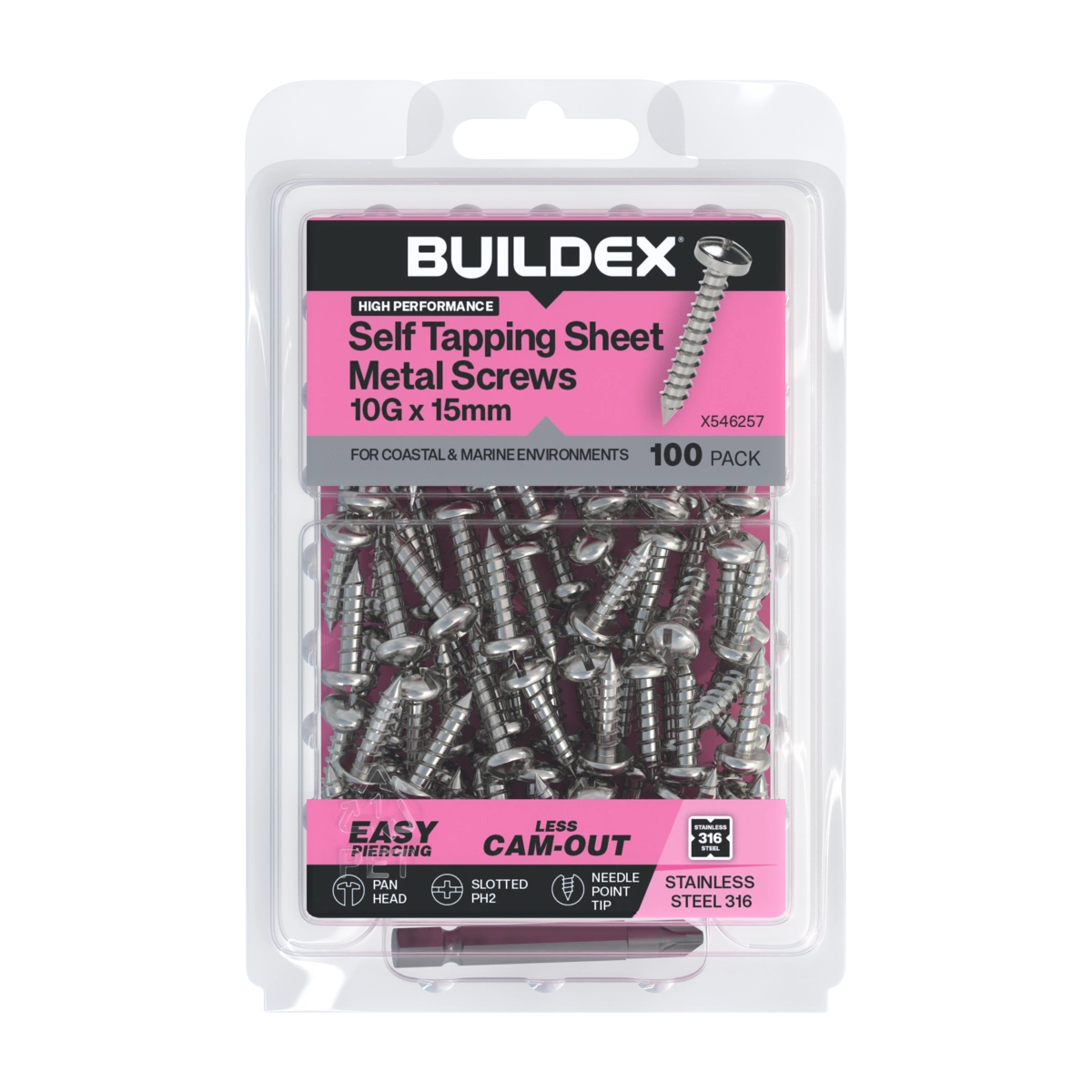 Buildex® 10G x 15mm SS316 Self Tapping Sheet Metal Screws – 100 Pack