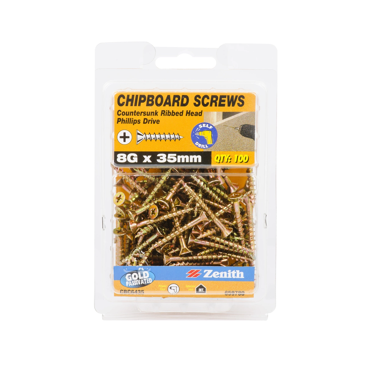 ZENITH® 8G x 35mm Gold Passivated Chipboard Screws (Phillips Drive) – 100 Pack