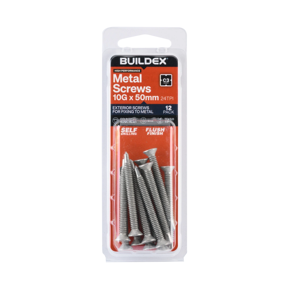 Buildex® 10G x 50mm Class 3 Sheet Metal Screws – 12 Pack