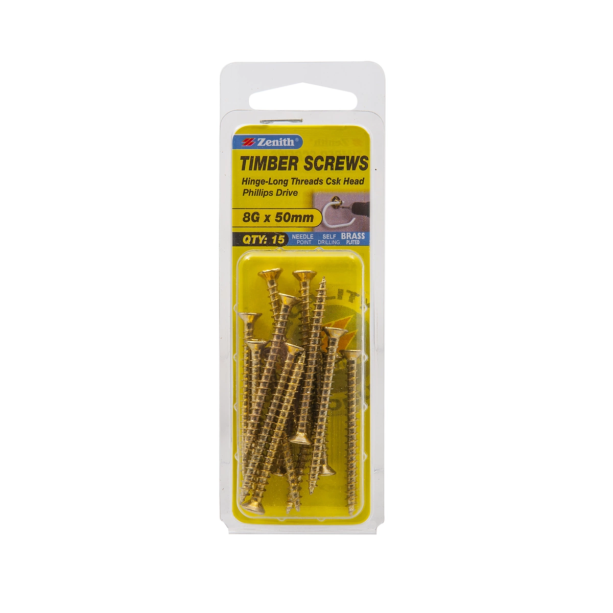 ZENITH® 8G x 50mm Brass Plated Timber Screws – 15 Pack