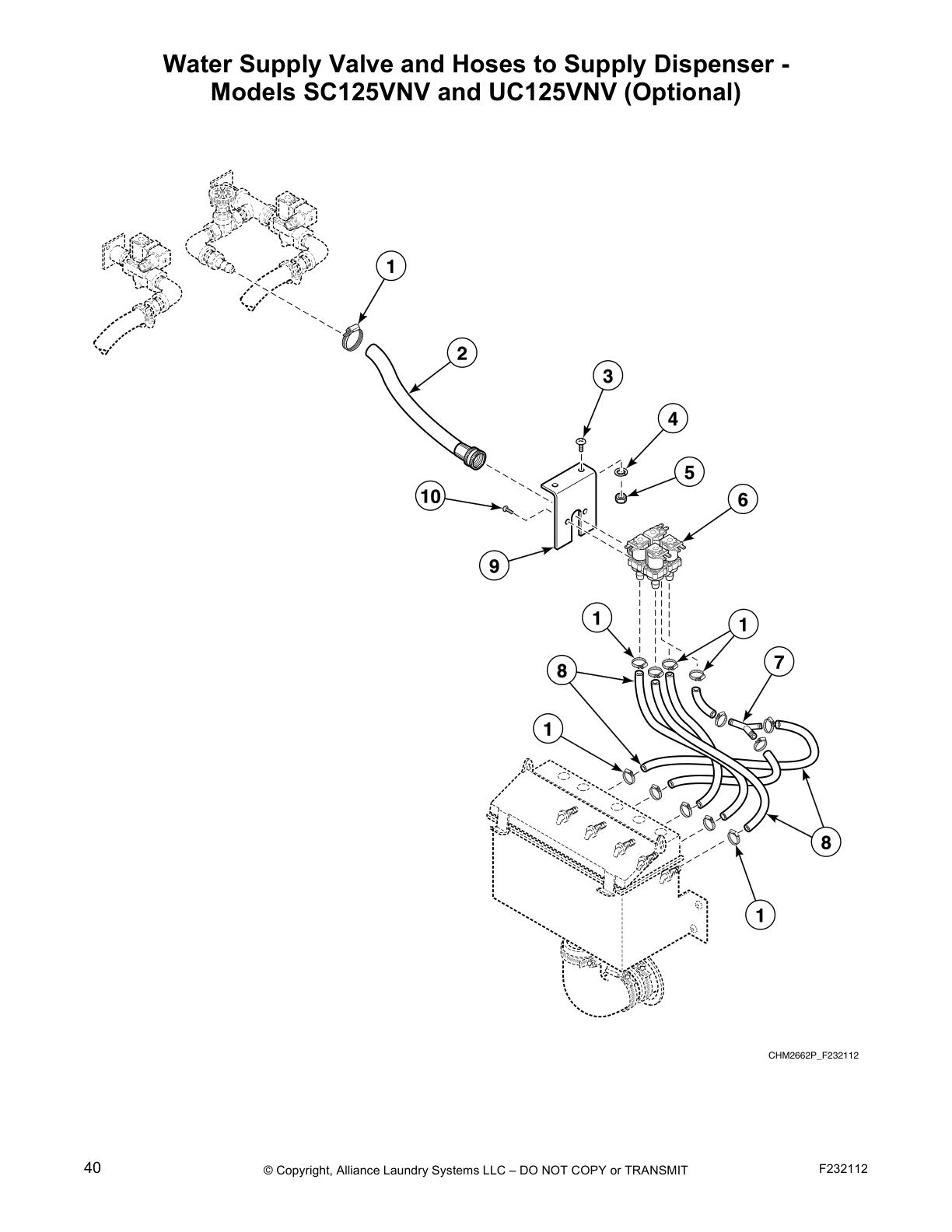 Water Supply Valve and Hoses to Supply Dispenser -
Models SC125VNV and UC125VNV (Optional)