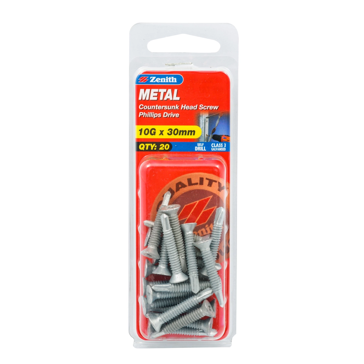 ZENITH® 10G x 30mm Class 3 Galvanised Metal Screws (Countersunk Head) – 20 Pack