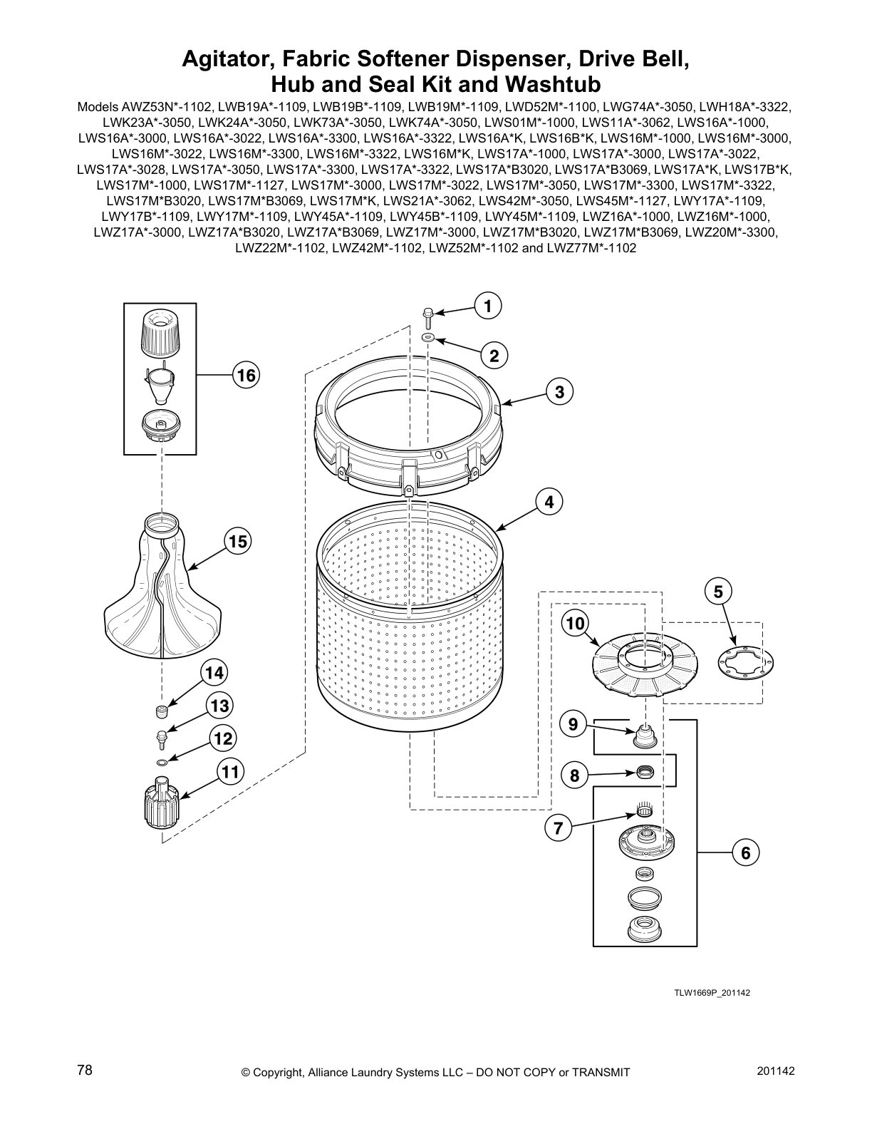 Agitator, Fabric Softener Dispenser, Drive Bell,
Hub and Seal Kit and Washtub