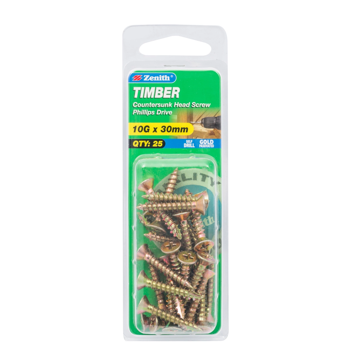 ZENITH® 10G x 30mm Gold Passivated Timber Screws – 25 Pack