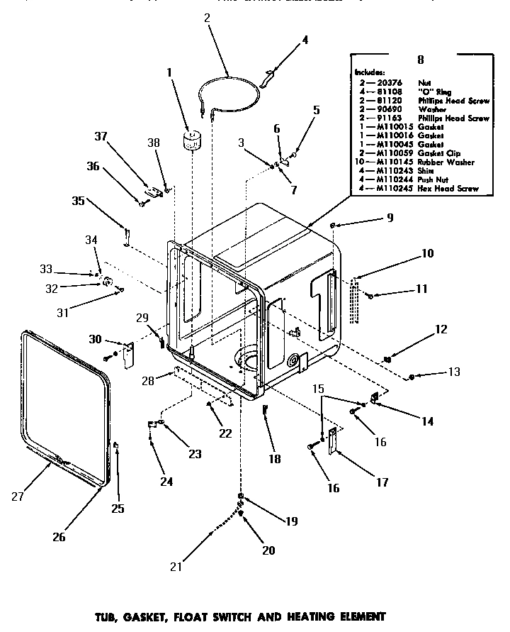15 - TUB, GASKET, FLOAT SWITCH & HEATING ELEM