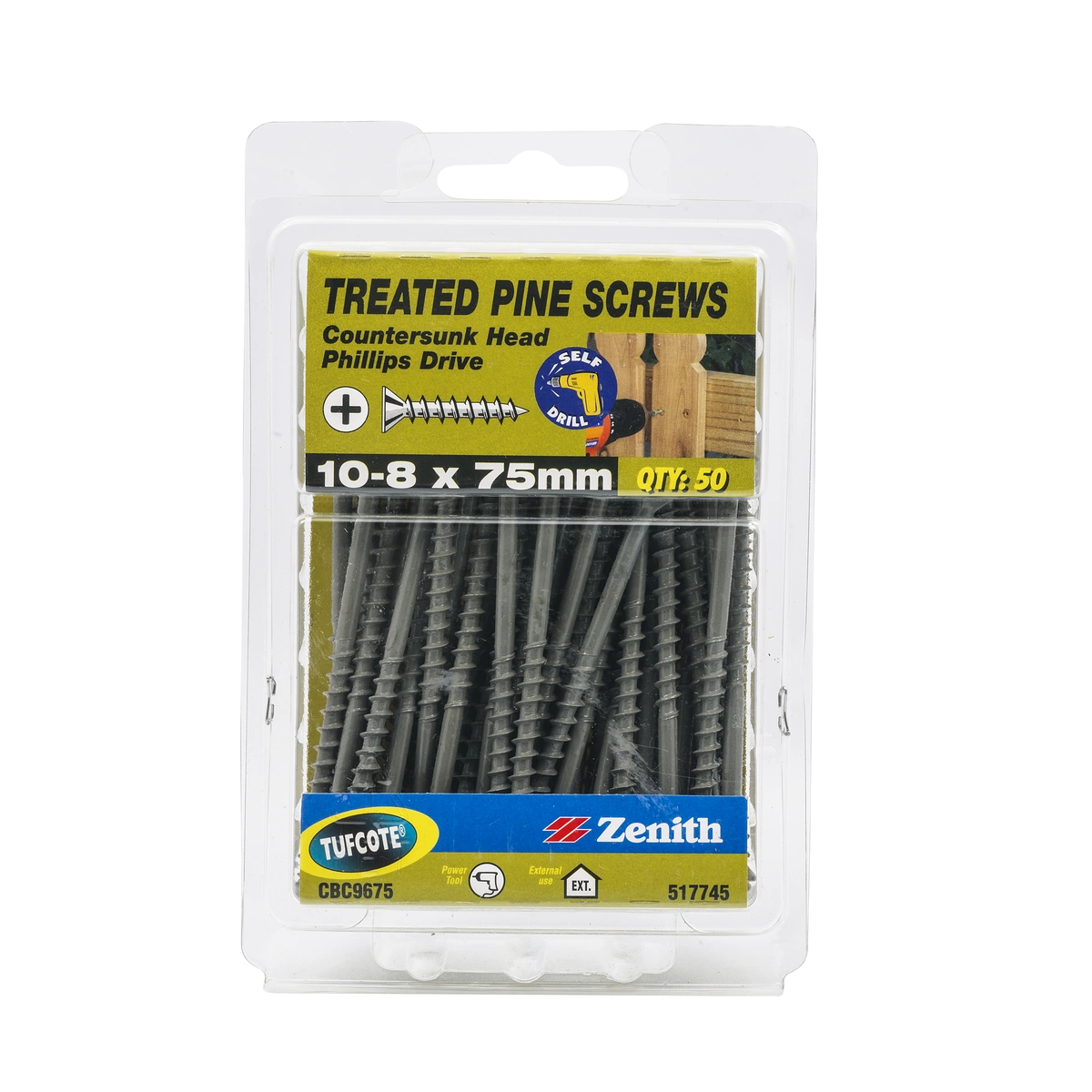 ZENITH® 10G x 75mm TUFCOTE® Treated Pine Screws (Phillips Drive) – 50 Pack