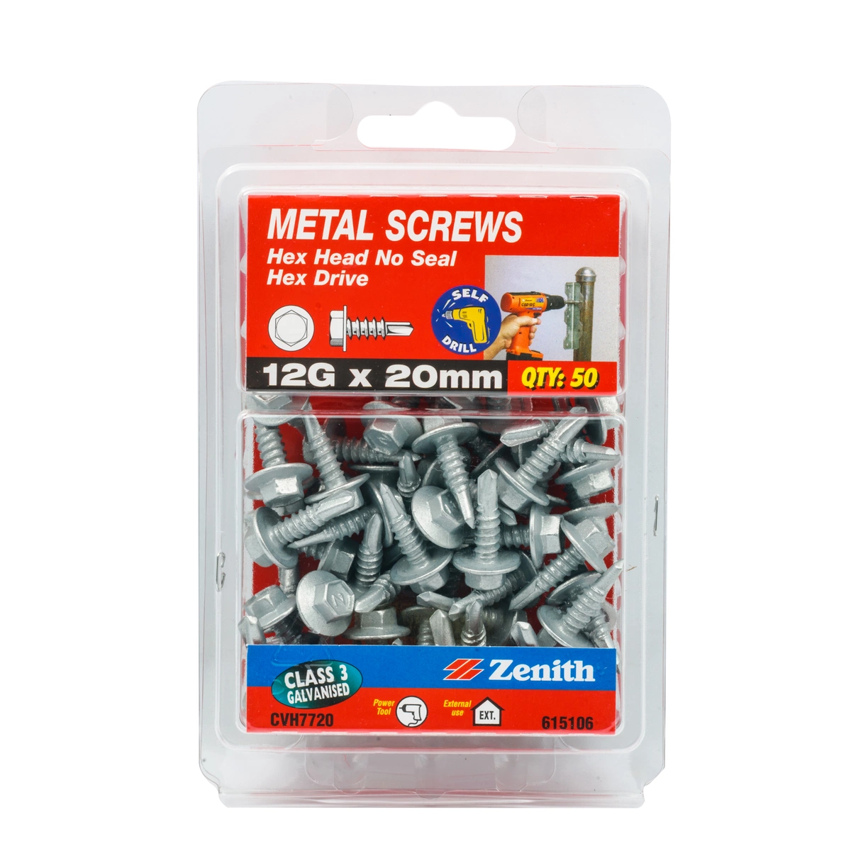 ZENITH® 12G x 20mm Class 3 Galvanised Metal Screws – 50 Pack