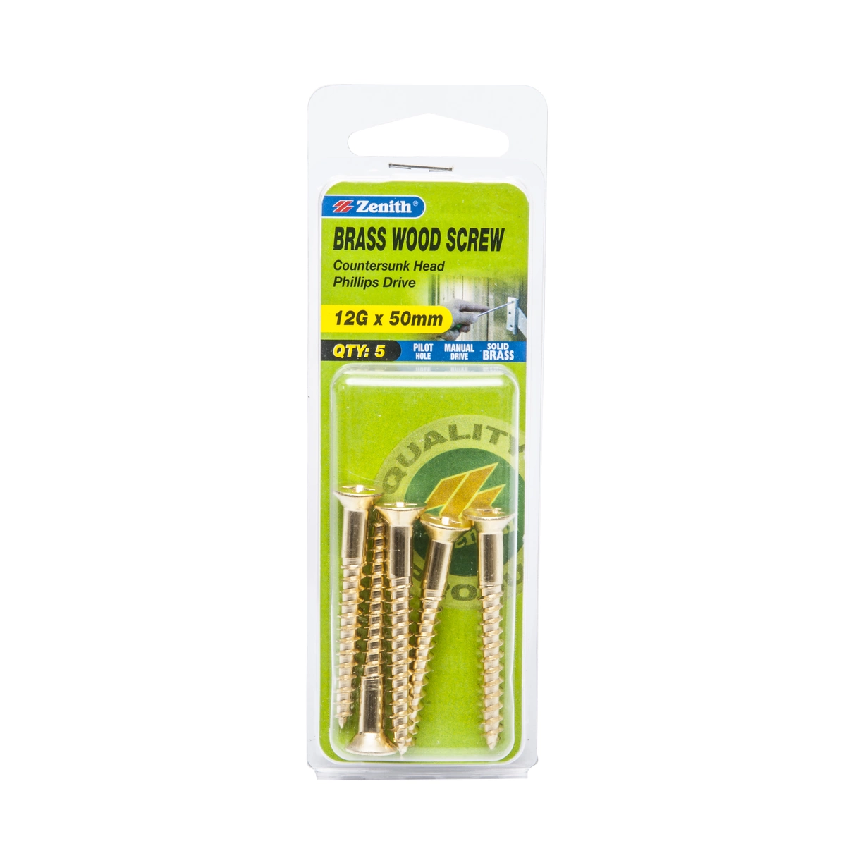 ZENITH® 12G x 50mm Solid Brass Wood Screws – 5 Pack
