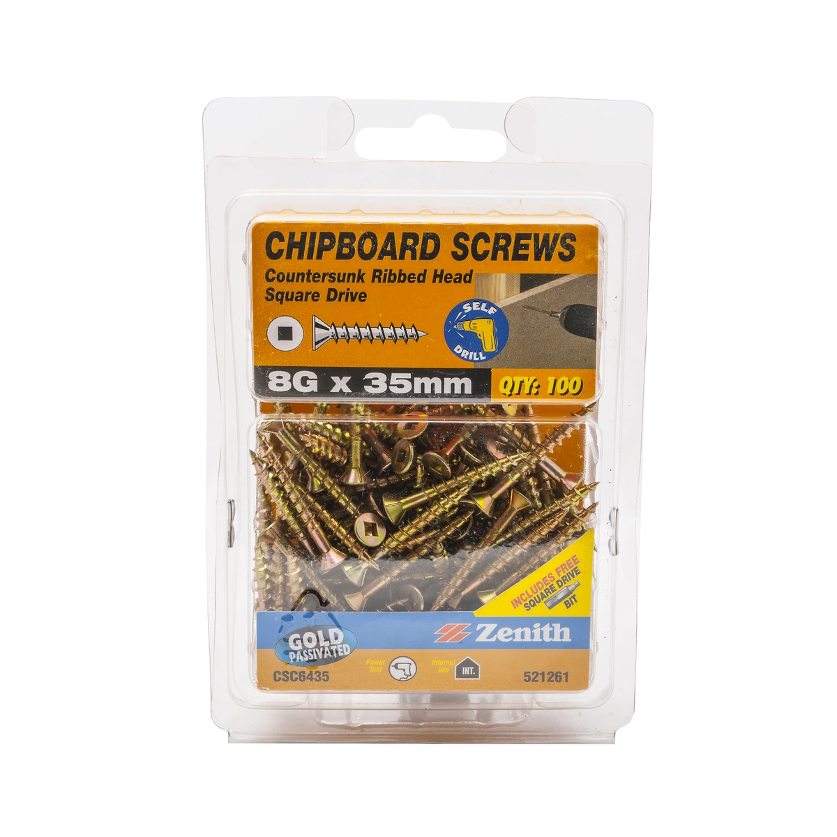 ZENITH® 8G x 35mm Gold Passivated Chipboard Screws (Square Drive) – 100 Pack