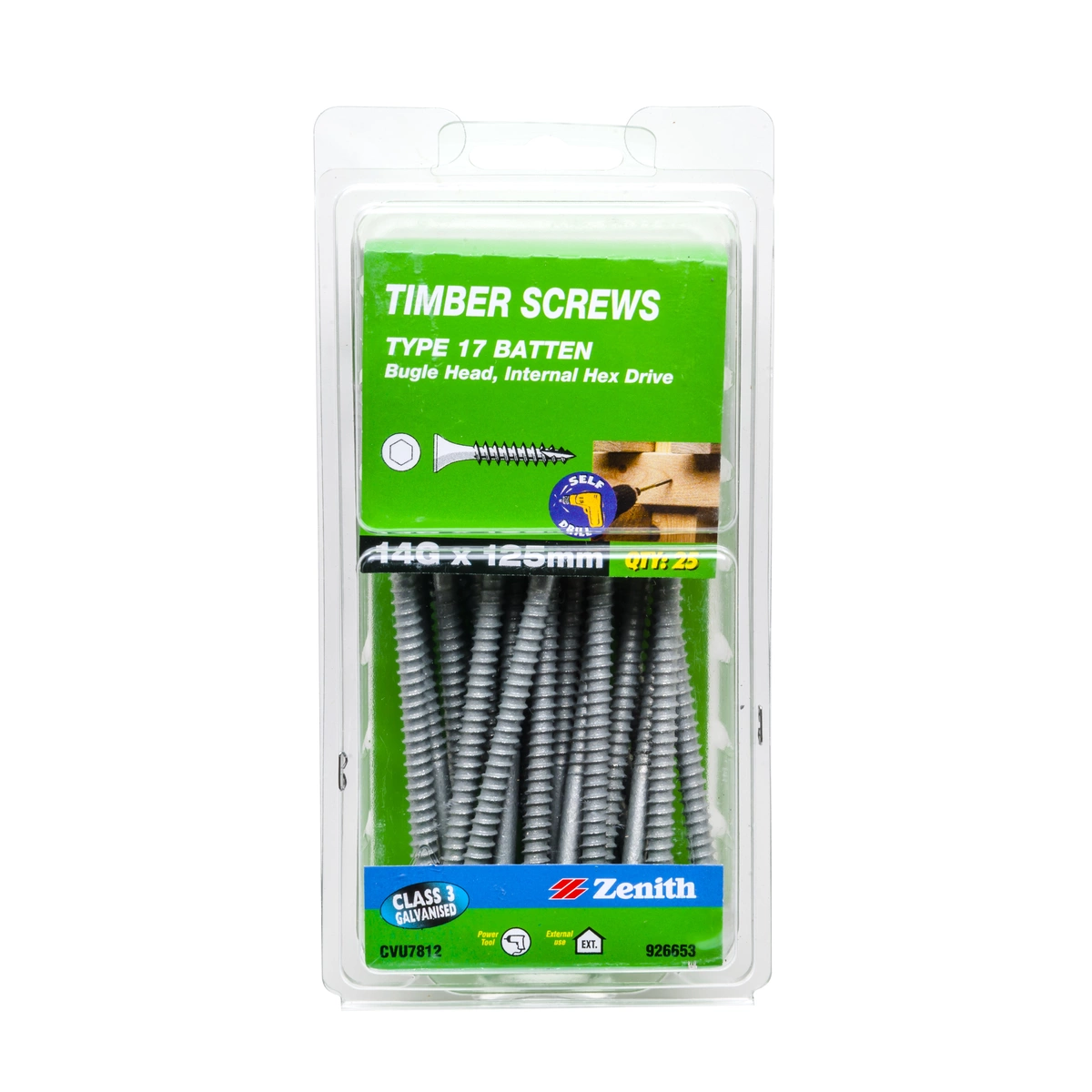 ZENITH® 14G x 125mm Class 3 Galvanised Bugle Batten Screws – 25 Pack