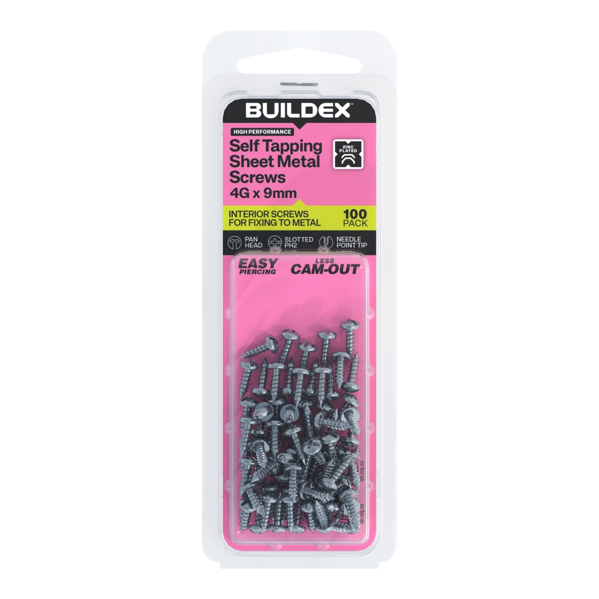 Buildex® 4G x 9mm Zinc Plated Self Tapping Sheet Metal Screws – 100 Pack