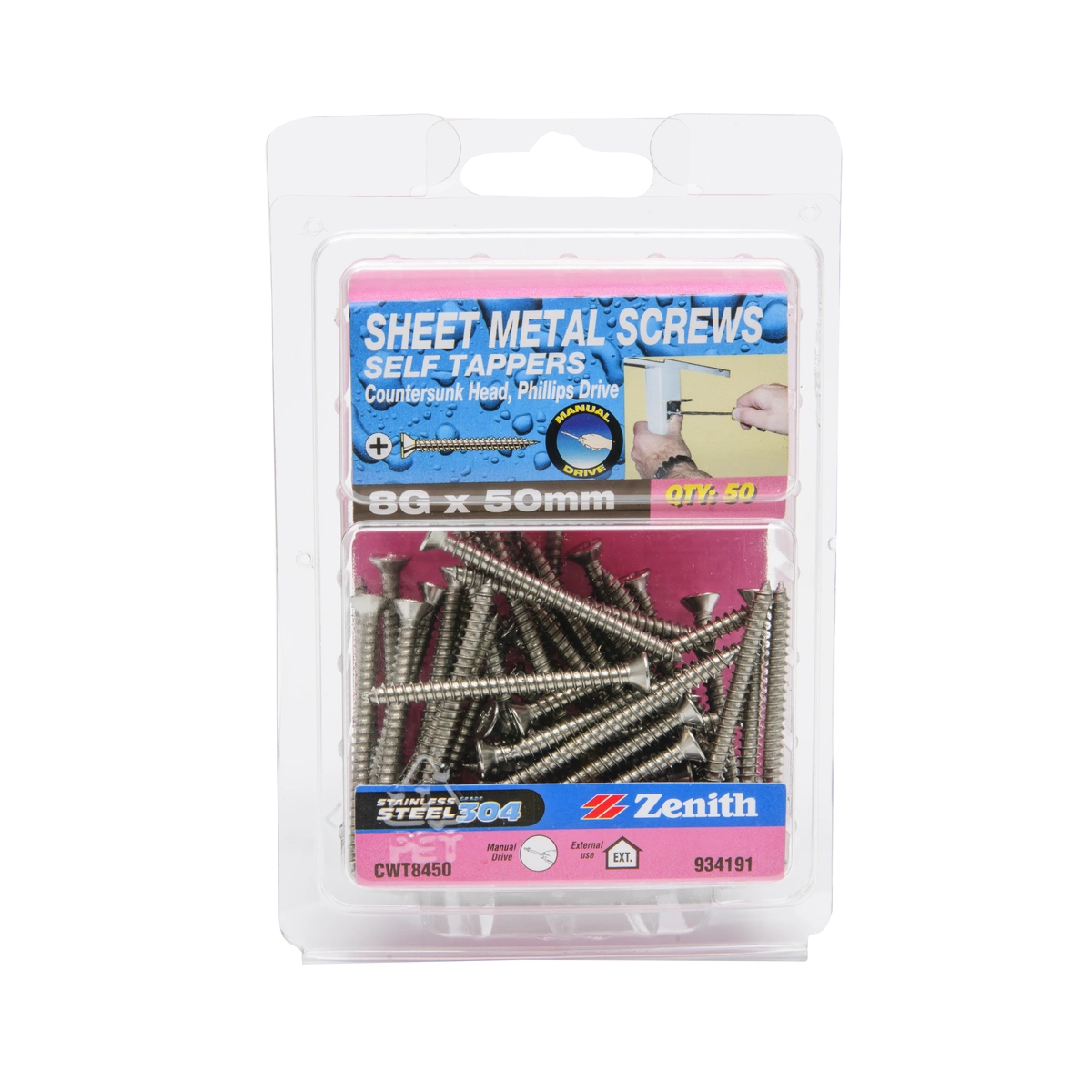 ZENITH® 8G x 50mm 304 Stainless Steel Sheet Metal Screws – 50 Pack
