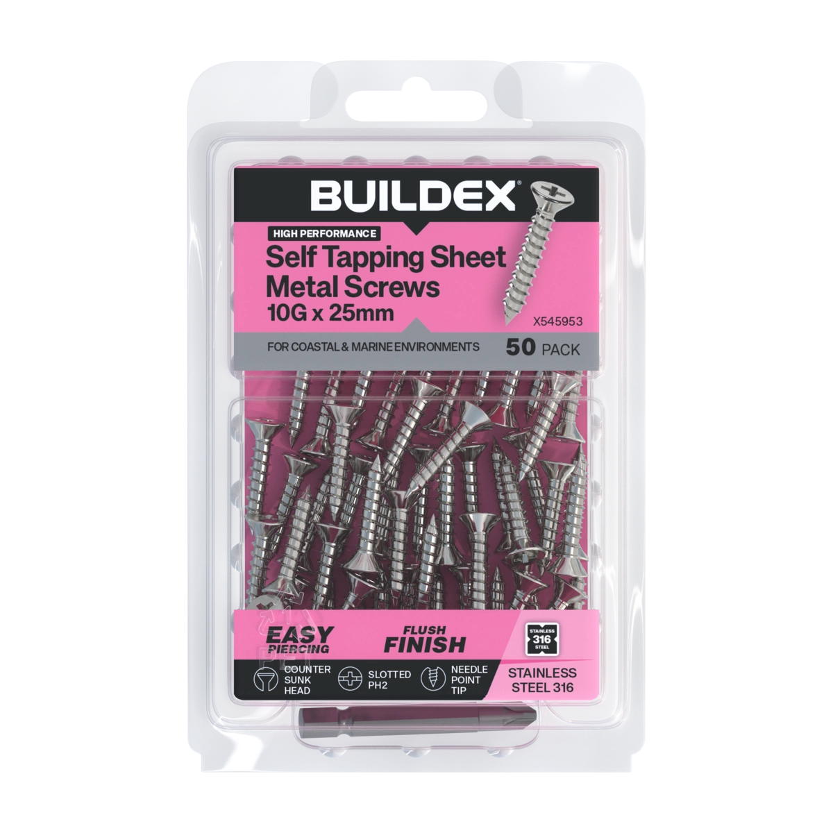 Buildex® 10G x 25mm SS316 Self Tapping Sheet Metal Screws – 50 Pack