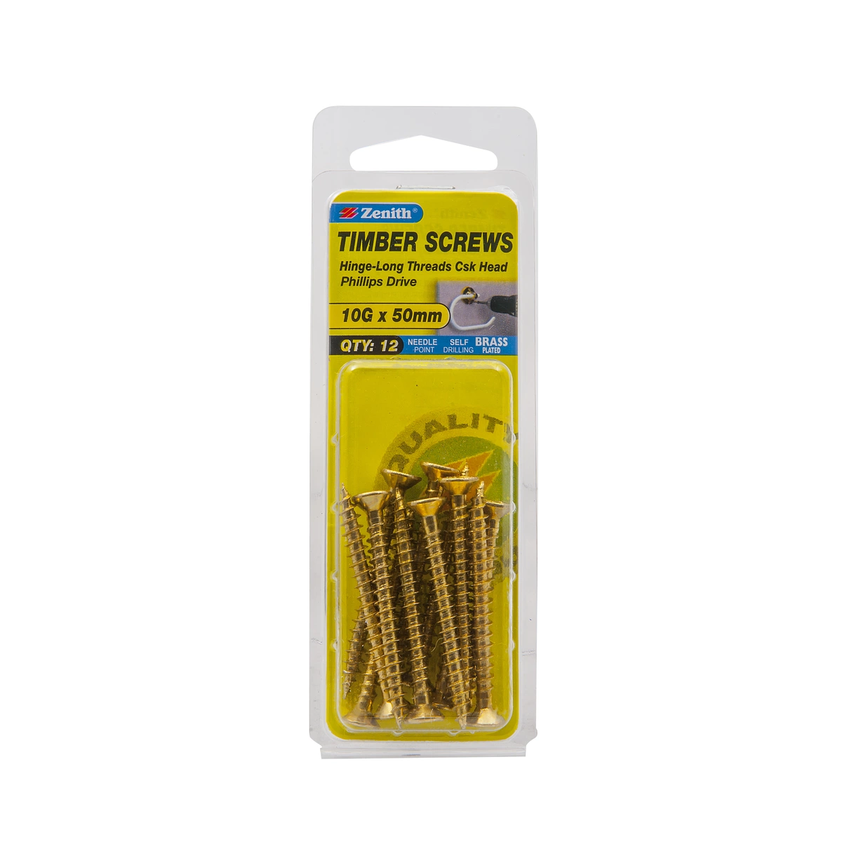 ZENITH® 10G x 50mm Brass Plated Timber Screws – 12 Pack