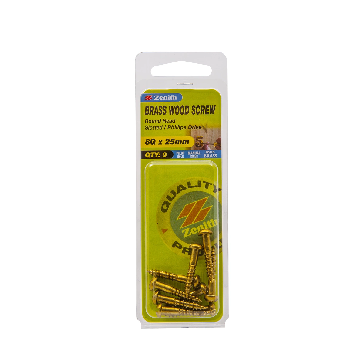 ZENITH® 8G x 25mm Solid Brass Wood Screws – 9 Pack