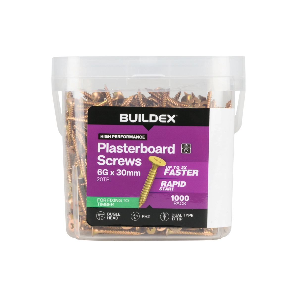 Buildex® 6G x 30mm Gold Passivated Plasterboard Screws – 1000 Pack