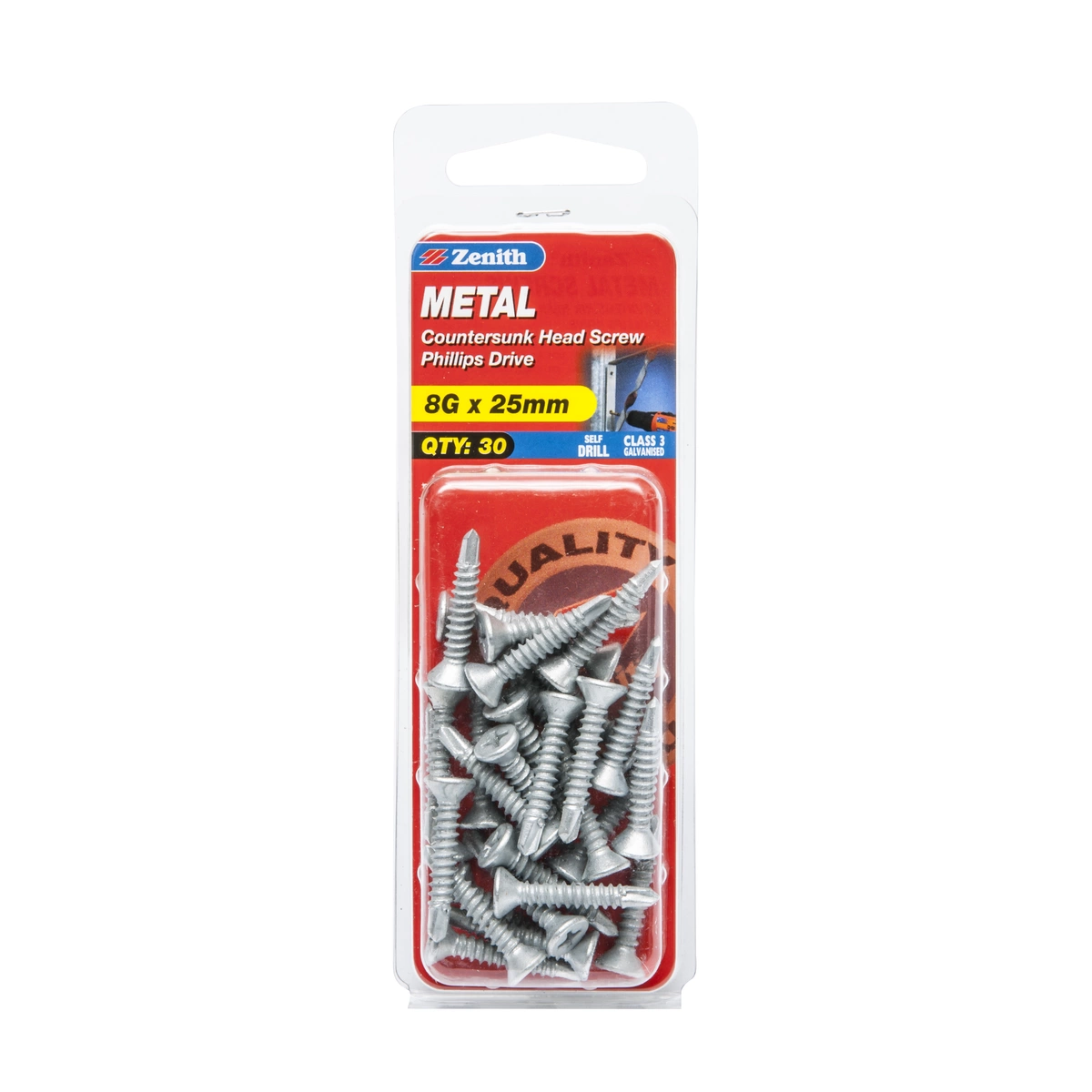 ZENITH® 8G x 25mm Class 3 Galvanised Metal Screws – 30 Pack