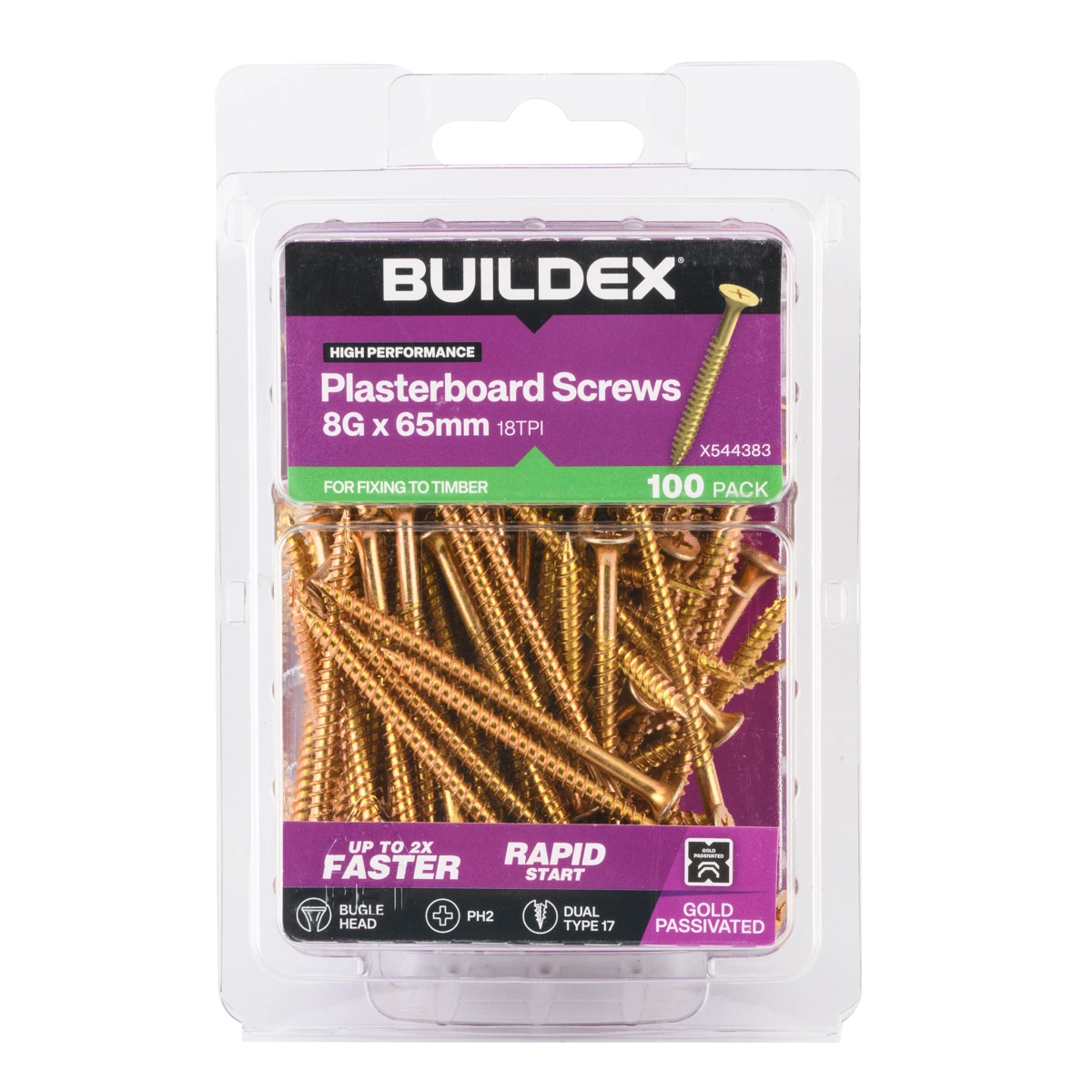 Buildex® 8G x 65mm Gold Passivated Plasterboard Screws – 100 Pack