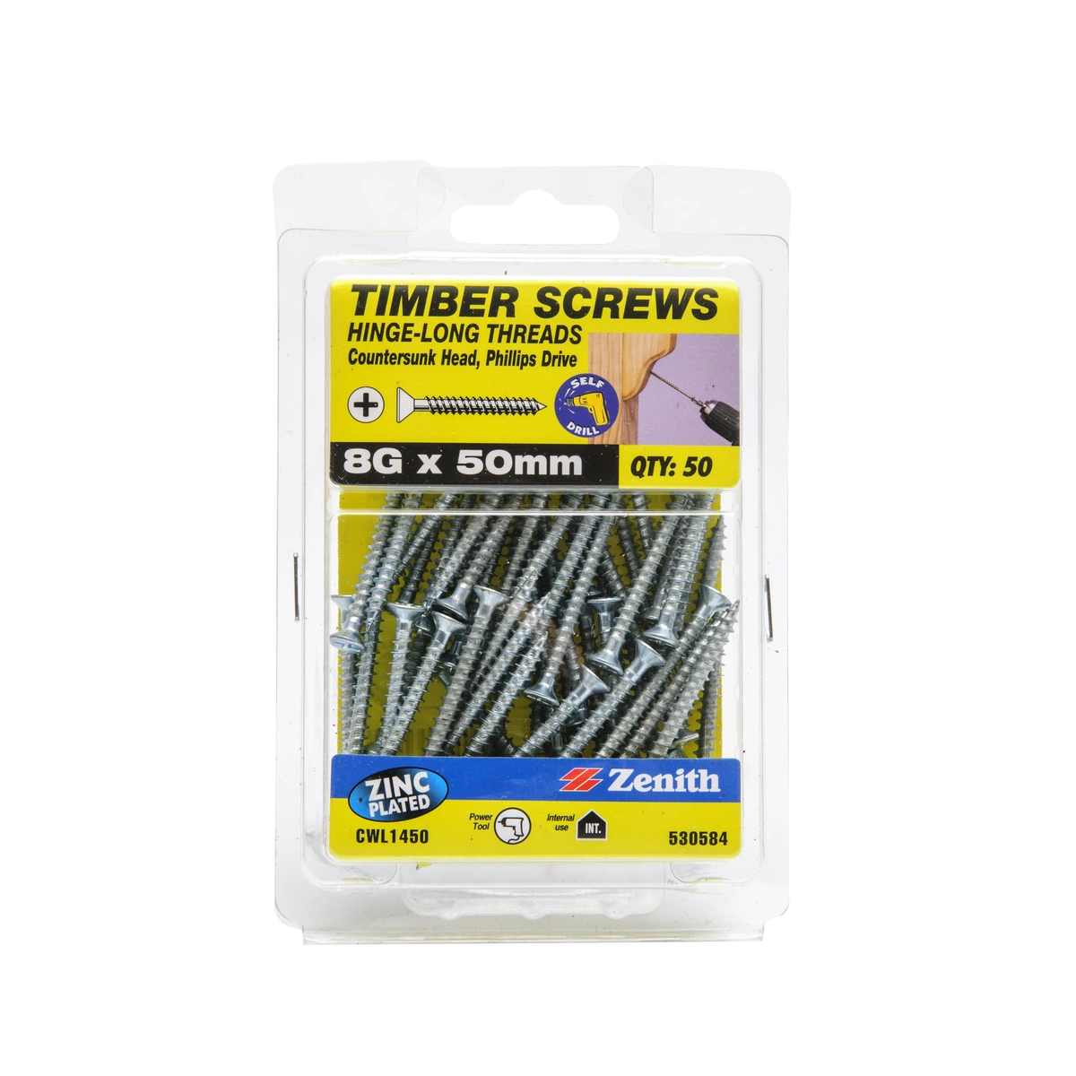 ZENITH® 8G x 50mm Zinc Plated Timber Screws – 50 Pack