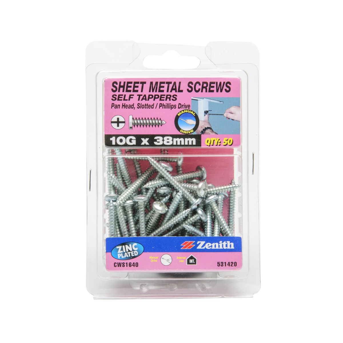 ZENITH® 10G x 38mm Zinc Plated Sheet Metal Screws – 50 Pack