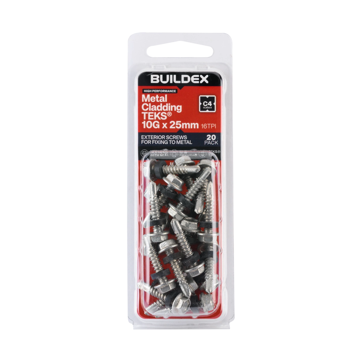 Buildex® 10G x 25mm Class 4 Metal Cladding TEKS® Screws with Seal – 20 Pack
