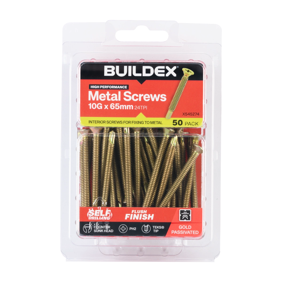 Buildex® 10G x 65mm Gold Passivated Sheet Metal Screws – 50 Pack
