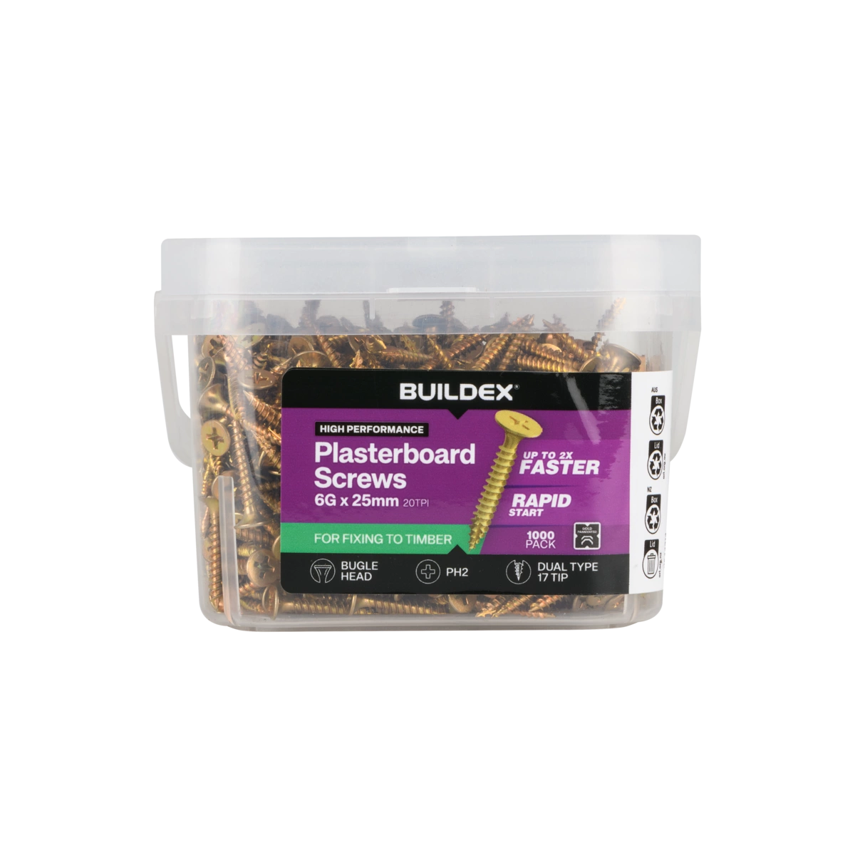 Buildex® 6G x 25mm Gold Passivated Plasterboard Screws – 1000 Pack