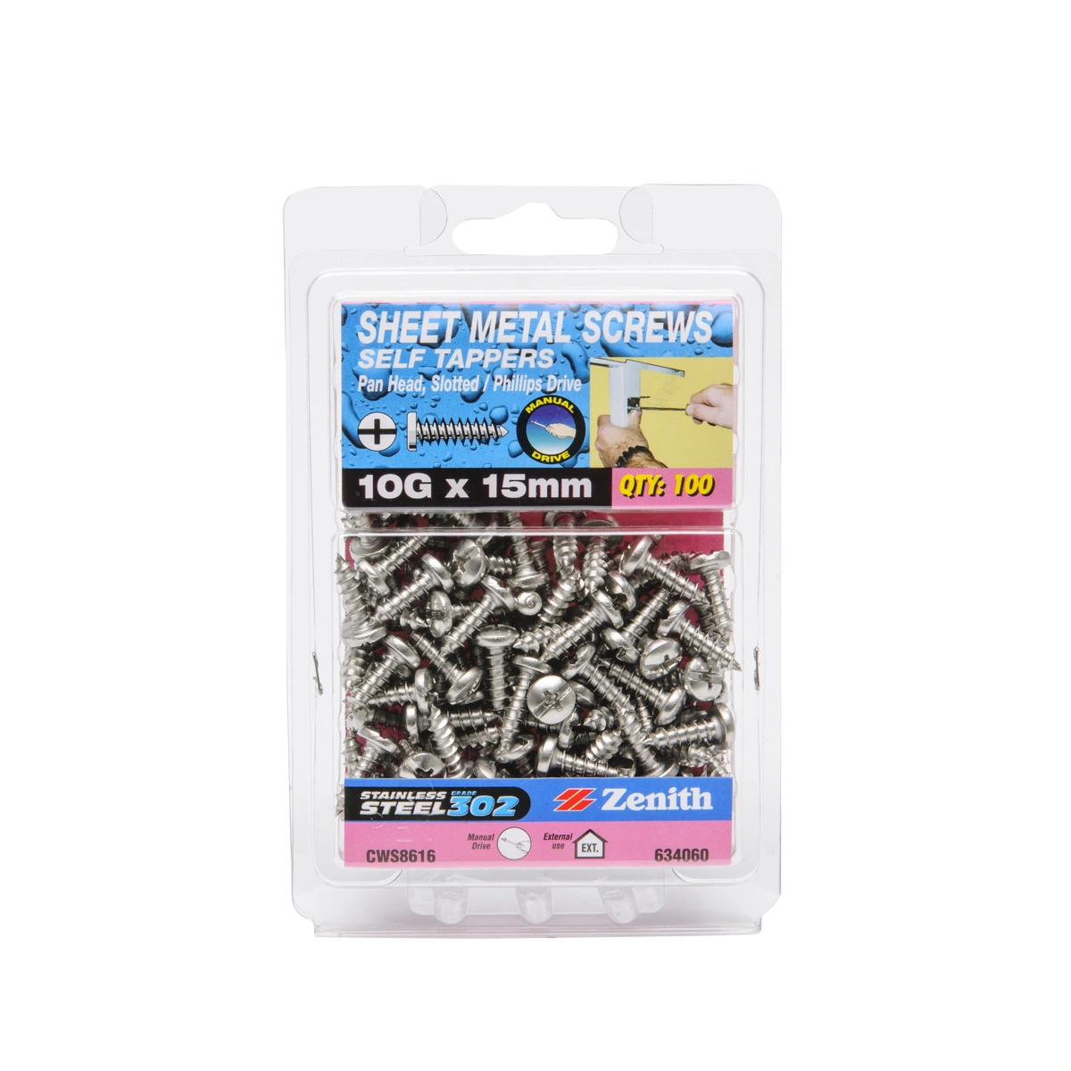 ZENITH® 10G x 15mm 304 Stainless Steel Sheet Metal Screws – 100 Pack