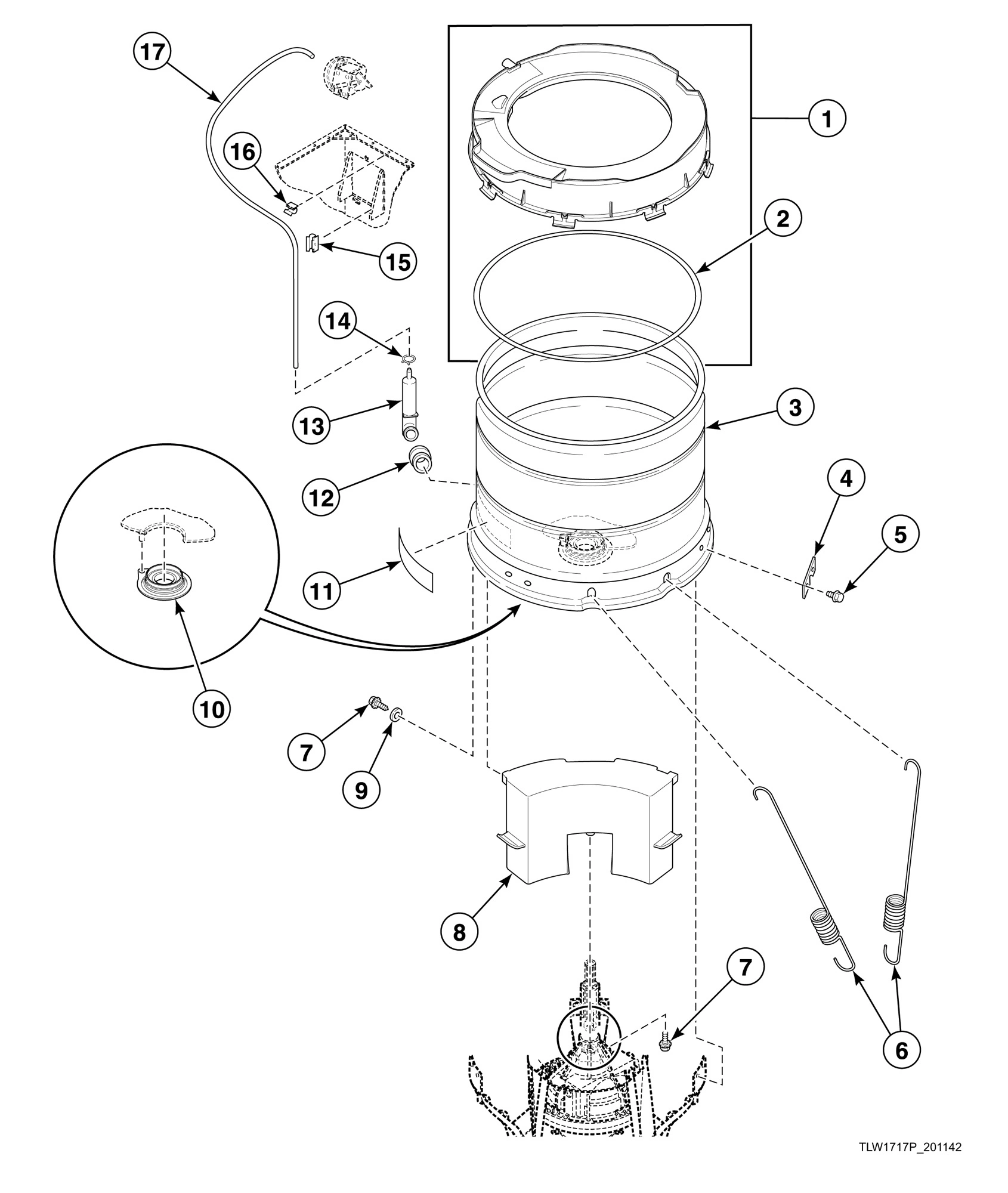 Outer Tub, Cover, Bearing and Seal Housing, Pressure Hose and Counterweight (Drawing 2 of 2)