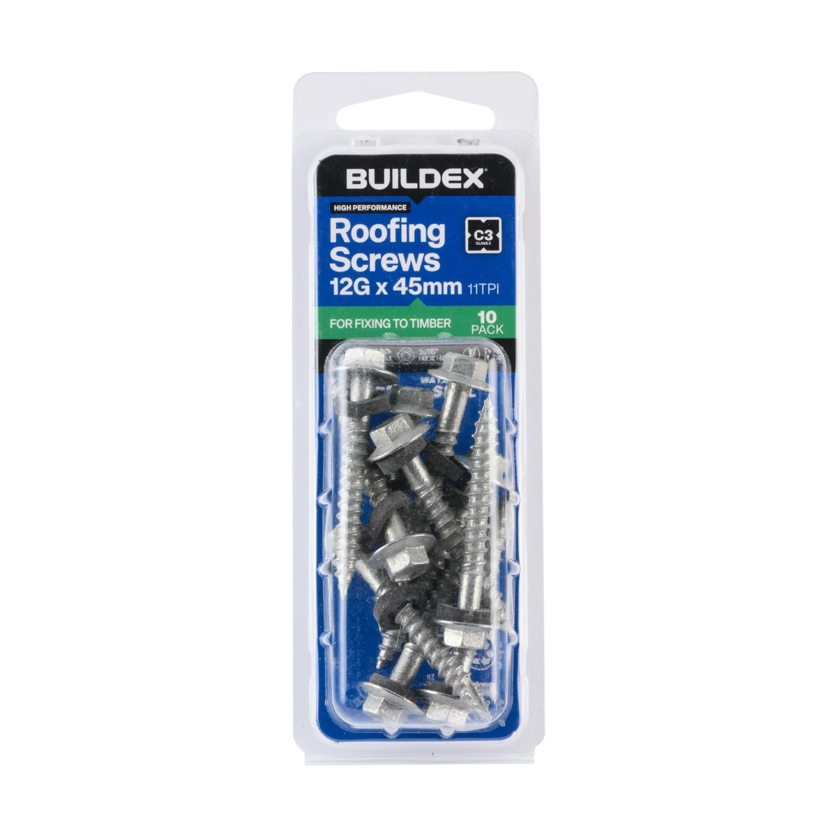 Buildex® 12G x 45mm Class 3 Roofing Screws with Seal – 10 Pack